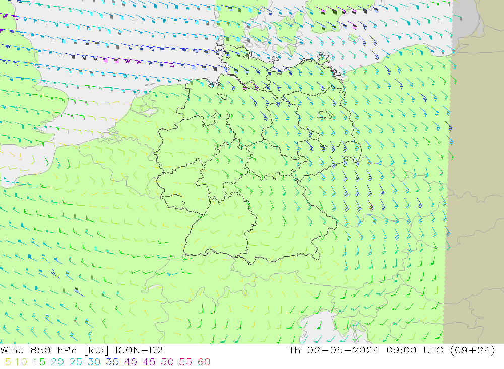 Vent 850 hPa ICON-D2 jeu 02.05.2024 09 UTC