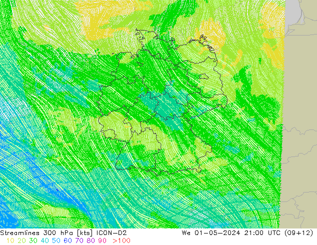 Streamlines 300 hPa ICON-D2 We 01.05.2024 21 UTC