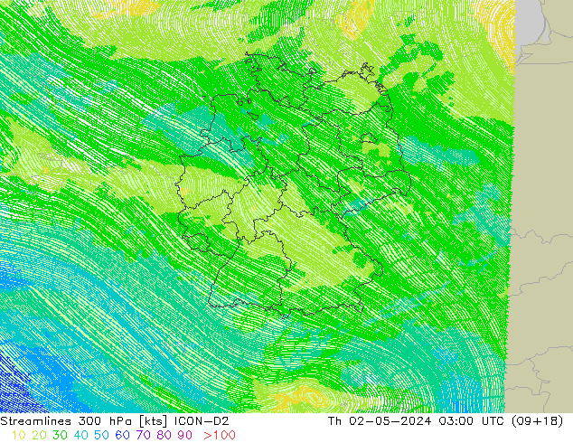 Streamlines 300 hPa ICON-D2 Th 02.05.2024 03 UTC