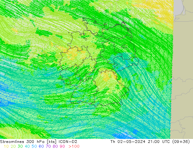 Linia prądu 300 hPa ICON-D2 czw. 02.05.2024 21 UTC