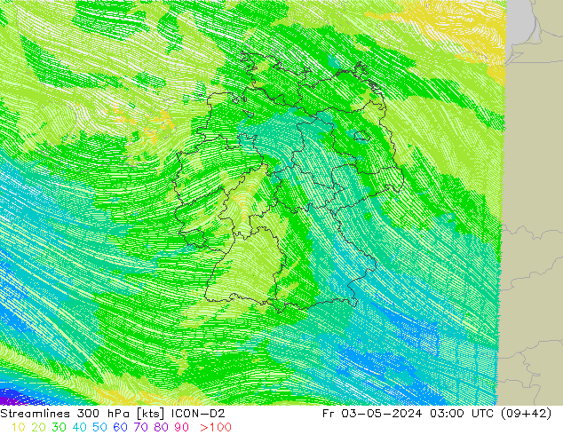 Linha de corrente 300 hPa ICON-D2 Sex 03.05.2024 03 UTC