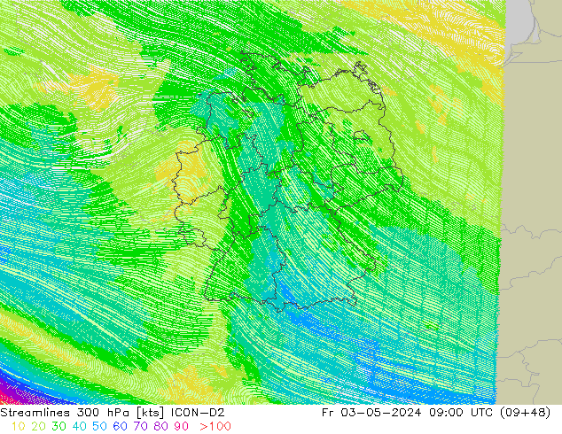 Linia prądu 300 hPa ICON-D2 pt. 03.05.2024 09 UTC