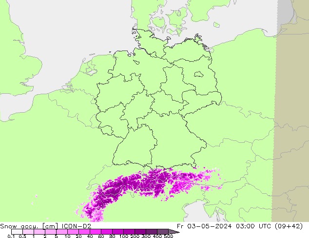 Snow accu. ICON-D2 Sex 03.05.2024 03 UTC