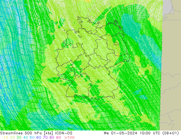 Linia prądu 500 hPa ICON-D2 śro. 01.05.2024 10 UTC