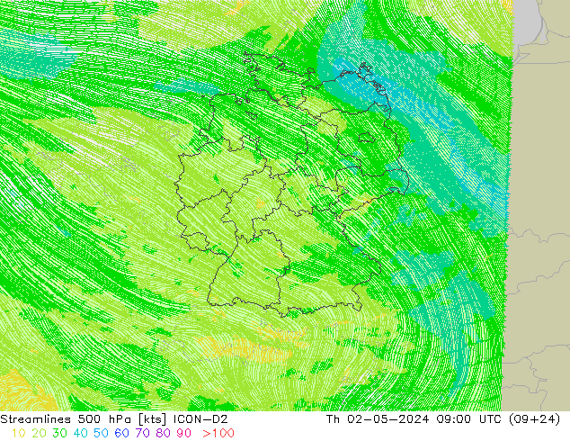 Streamlines 500 hPa ICON-D2 Čt 02.05.2024 09 UTC