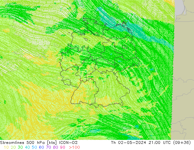 ветер 500 гПа ICON-D2 чт 02.05.2024 21 UTC