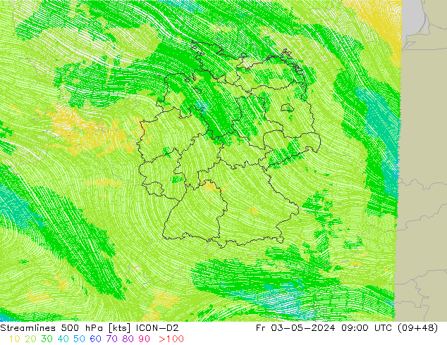 Rüzgar 500 hPa ICON-D2 Cu 03.05.2024 09 UTC