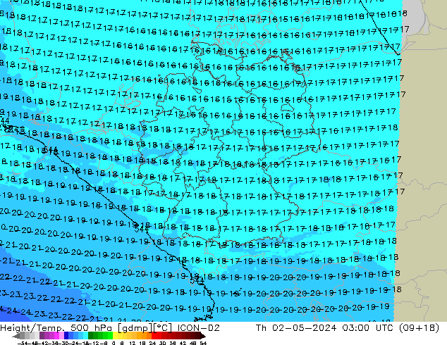 Height/Temp. 500 hPa ICON-D2 gio 02.05.2024 03 UTC