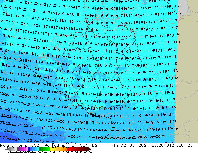 Height/Temp. 500 hPa ICON-D2 Th 02.05.2024 05 UTC