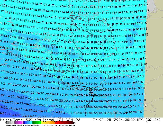 Height/Temp. 500 hPa ICON-D2 czw. 02.05.2024 09 UTC