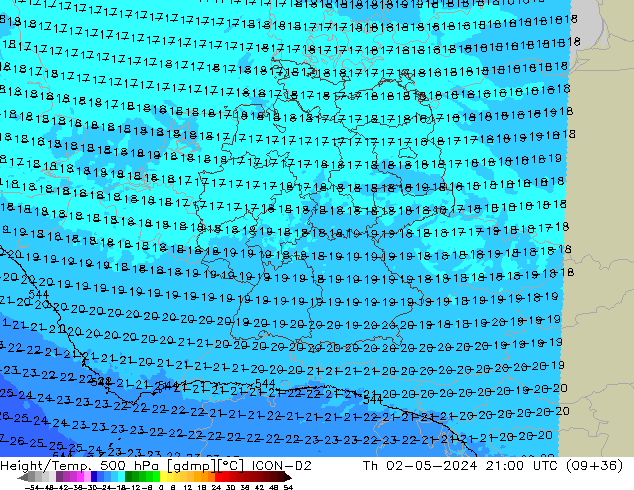 Height/Temp. 500 hPa ICON-D2 czw. 02.05.2024 21 UTC