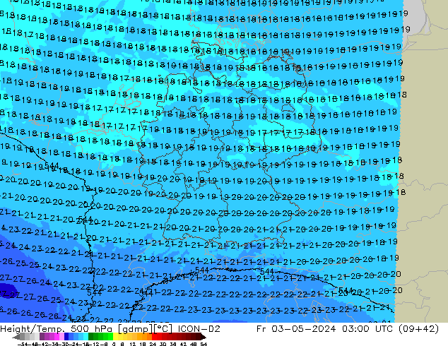 Géop./Temp. 500 hPa ICON-D2 ven 03.05.2024 03 UTC