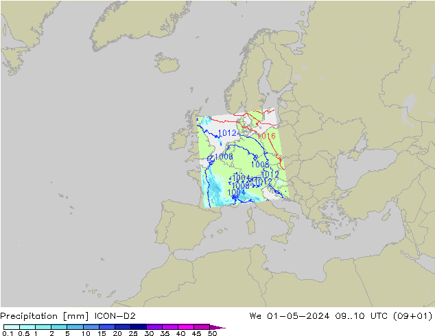 Precipitación ICON-D2 mié 01.05.2024 10 UTC