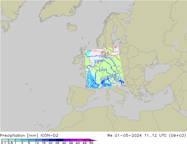 Precipitación ICON-D2 mié 01.05.2024 12 UTC