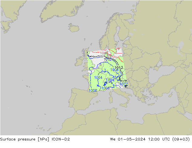 Surface pressure ICON-D2 We 01.05.2024 12 UTC