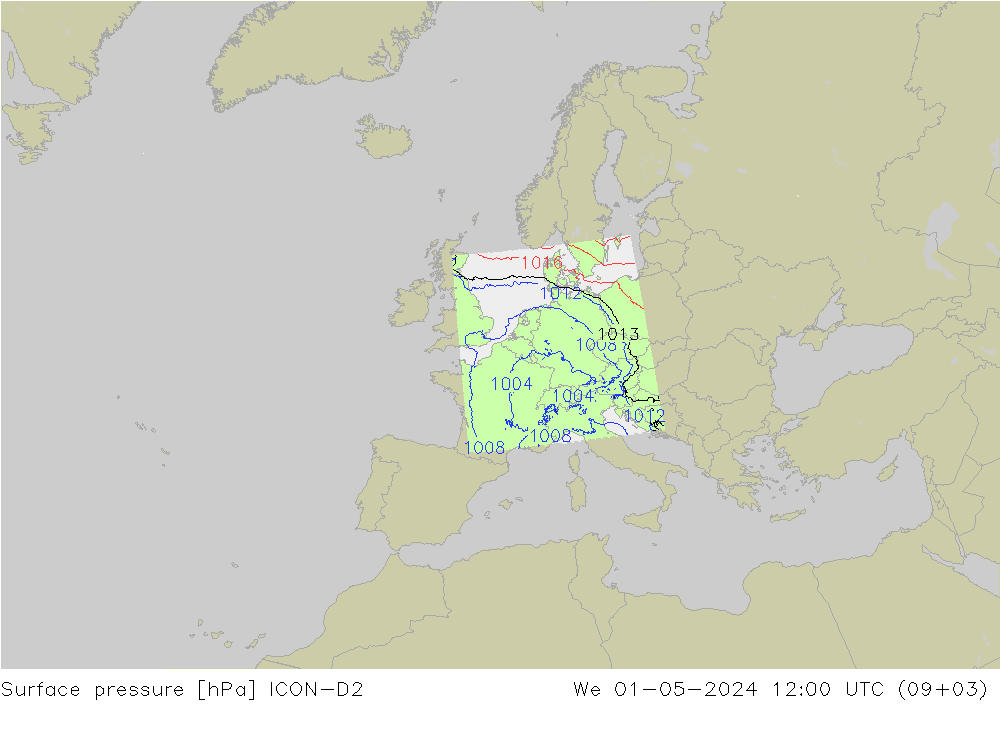 Surface pressure ICON-D2 We 01.05.2024 12 UTC