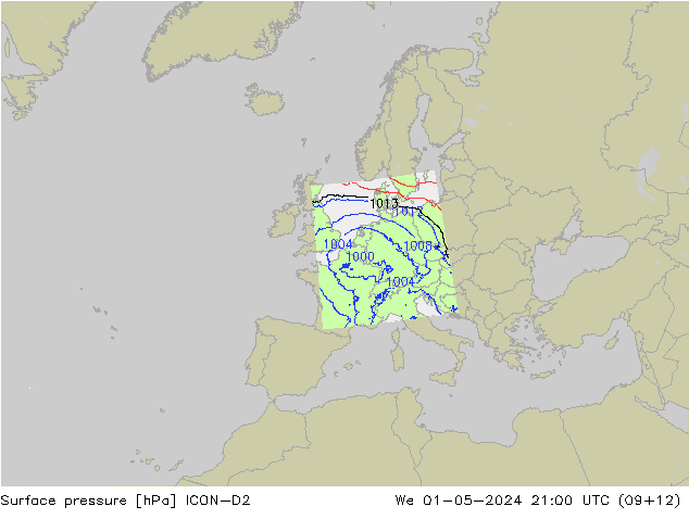 Surface pressure ICON-D2 We 01.05.2024 21 UTC