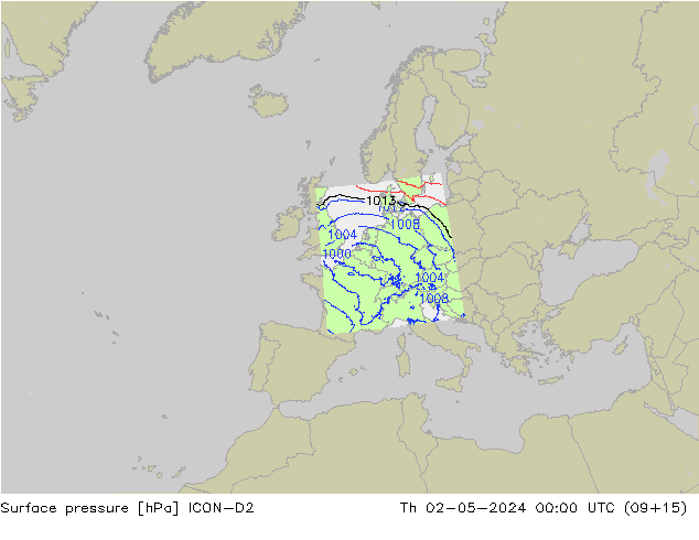 Pressione al suolo ICON-D2 gio 02.05.2024 00 UTC