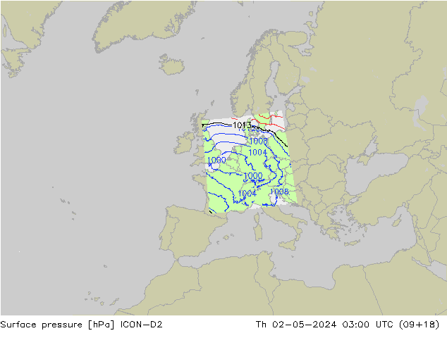 Surface pressure ICON-D2 Th 02.05.2024 03 UTC