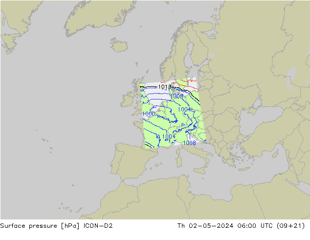 Surface pressure ICON-D2 Th 02.05.2024 06 UTC