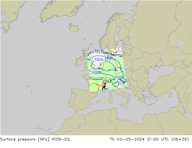 Pressione al suolo ICON-D2 gio 02.05.2024 21 UTC