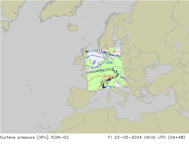 Presión superficial ICON-D2 vie 03.05.2024 09 UTC