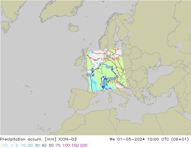 Nied. akkumuliert ICON-D2 Mi 01.05.2024 10 UTC