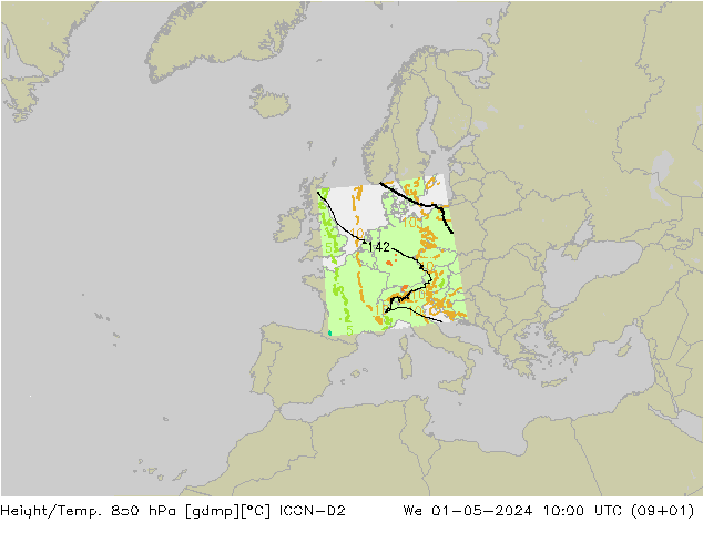 Height/Temp. 850 hPa ICON-D2 śro. 01.05.2024 10 UTC