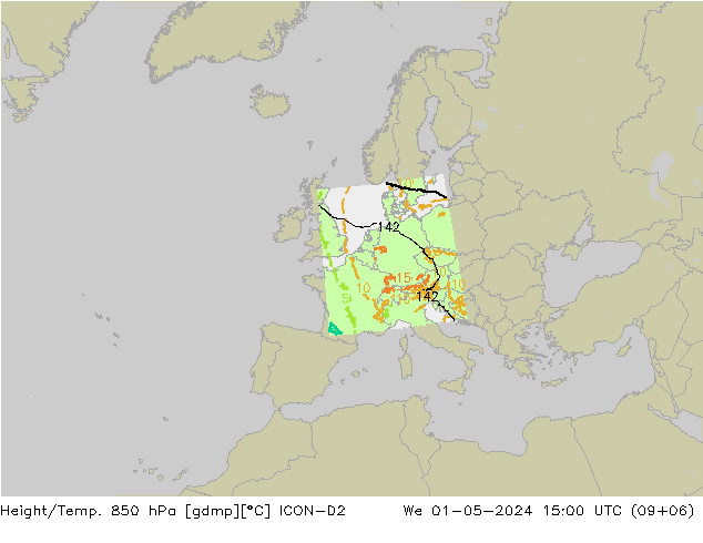 Height/Temp. 850 hPa ICON-D2 śro. 01.05.2024 15 UTC