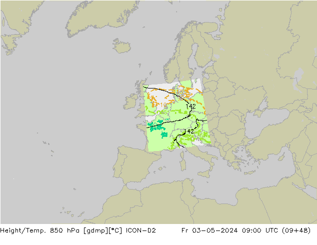 Hoogte/Temp. 850 hPa ICON-D2 vr 03.05.2024 09 UTC