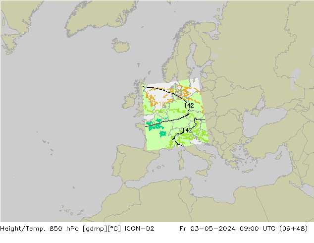 Géop./Temp. 850 hPa ICON-D2 ven 03.05.2024 09 UTC