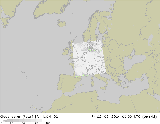 Cloud cover (total) ICON-D2 Pá 03.05.2024 09 UTC