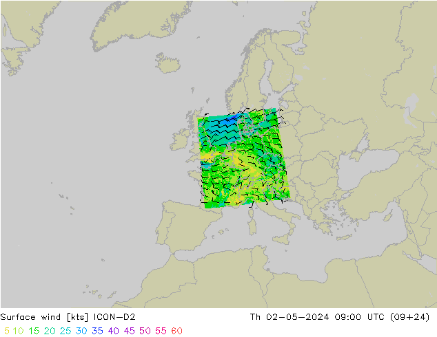 Surface wind ICON-D2 Th 02.05.2024 09 UTC