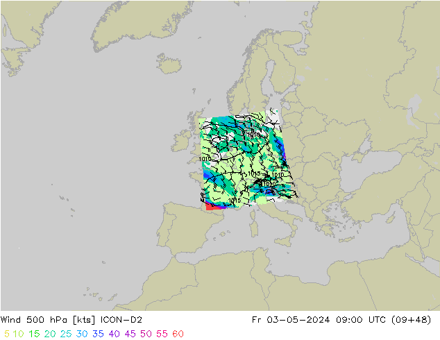 Vento 500 hPa ICON-D2 ven 03.05.2024 09 UTC