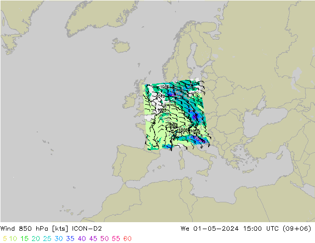 wiatr 850 hPa ICON-D2 śro. 01.05.2024 15 UTC