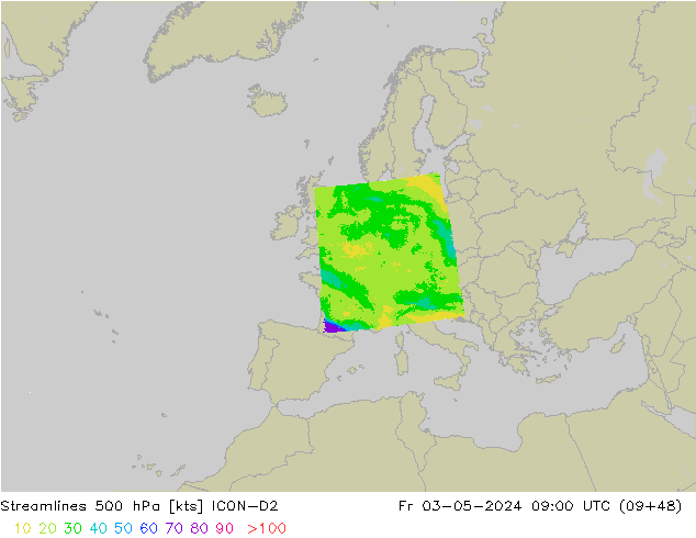 Línea de corriente 500 hPa ICON-D2 vie 03.05.2024 09 UTC