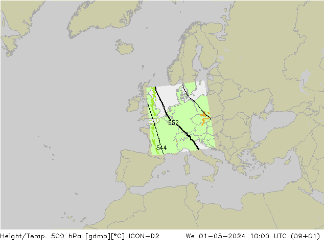 Height/Temp. 500 hPa ICON-D2 śro. 01.05.2024 10 UTC