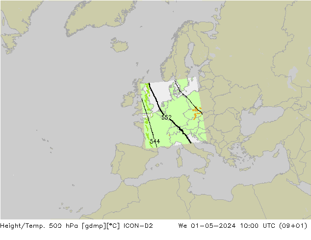 Height/Temp. 500 hPa ICON-D2 We 01.05.2024 10 UTC