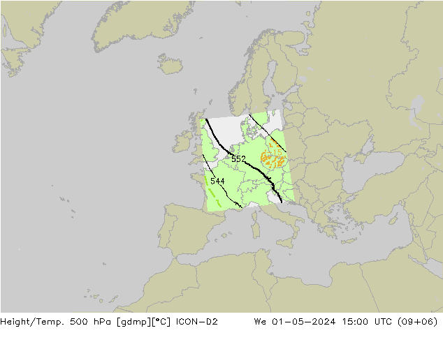 Géop./Temp. 500 hPa ICON-D2 mer 01.05.2024 15 UTC