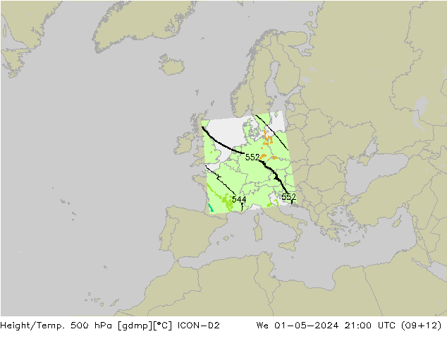 Height/Temp. 500 hPa ICON-D2 Qua 01.05.2024 21 UTC