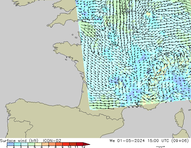 wiatr 10 m (bft) ICON-D2 śro. 01.05.2024 15 UTC