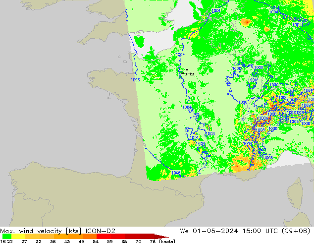 Max. wind velocity ICON-D2 We 01.05.2024 15 UTC