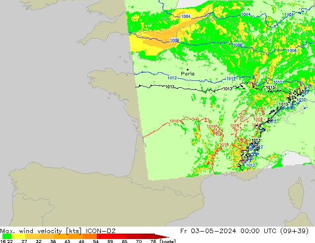 Max. wind velocity ICON-D2 Fr 03.05.2024 00 UTC