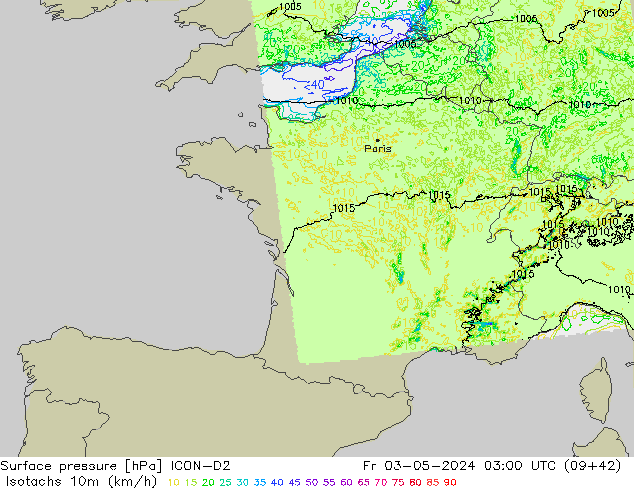 Eşrüzgar Hızları (km/sa) ICON-D2 Cu 03.05.2024 03 UTC