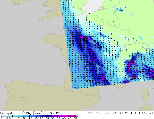 Precipitation (12h) ICON-D2 We 01.05.2024 21 UTC