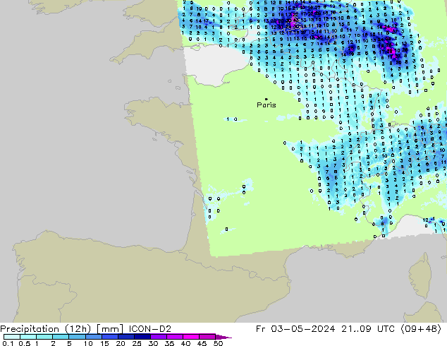 Yağış (12h) ICON-D2 Cu 03.05.2024 09 UTC