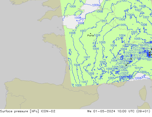 Pressione al suolo ICON-D2 mer 01.05.2024 10 UTC