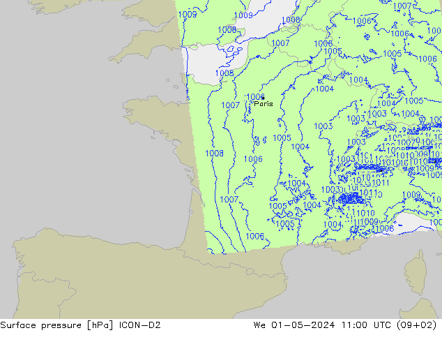 Luchtdruk (Grond) ICON-D2 wo 01.05.2024 11 UTC