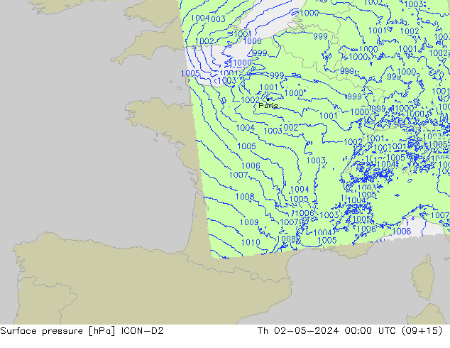 pressão do solo ICON-D2 Qui 02.05.2024 00 UTC