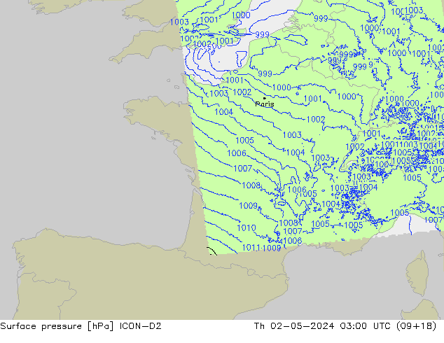 Atmosférický tlak ICON-D2 Čt 02.05.2024 03 UTC